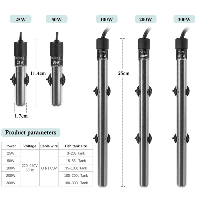 PYPABL Submersible Fish Tank Heater, 25W 50W 100W Small Aquarium