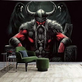 FENDROM Norse Viking Tapestry Odin Warrior Sword Axe Raven Tapestries Square Knot Tattoo Wall Hanging Nordic Meditation Runes for Men Bedroom Aesthetic Gothic Room Home Decor
