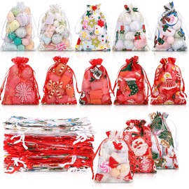 65 Pieces Christmas Organza Bags 4 x 6 Inch Red White Silver Snowflakes Organza Gift Bags Jewelry Candy Bags for Wedding Party Christmas Including 13 Patterns