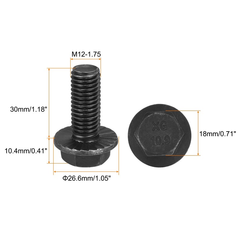 uxcell M12-1.75x30mm Hex Serrated Flange Bolts 10.9 Grade Carbon Steel
