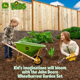 John Deere Deluxe 34" Wheelbarrow and Garden Set Includes 5 Realistic Gardening Tools,Gardening Apron, Gardening Gloves, Large Wheelbarrow, Outdoor Toy Ages 5+