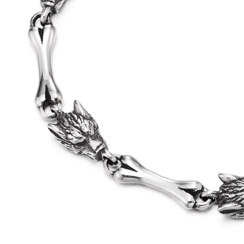 COOLSTEELANDBEYOND Men's Gothic Wolf Head Chain Bracelet Stainless Steel Bone
