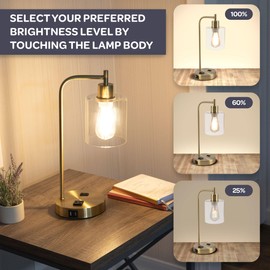 Lavish Home Table Lamp - Industrial Lamp with USB Charge Ports, Touch Control, and Edison Bulb - for Living Room, Office, or Bedroom Decor (Gold)