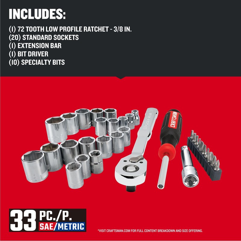 CRAFTSMAN Mechanics Tool Set, 33 Piece, 3/8 Inch Drive SAE/Metric