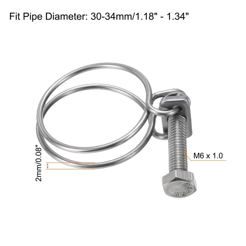 sourcing map 6Pcs Double Wire Hose Clamp, 30-34mm Adjustable Stainless