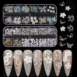 3D Nail Pendants, 2 Boxes of Different Shapes Aurora Bow Butterfly Bear Flower Nail Art Pendants, Nail Beads Rhinestones Gemstones Nail Art Chains for Nail Art Decoration