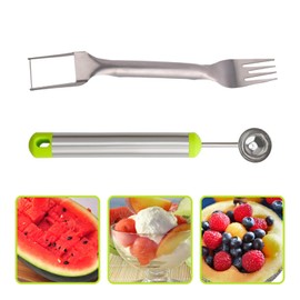 2-in-1 Stainless Steel Watermelon Fruit Cutter Slicer Tool and Melon Baller Scoop Fruit Ball Cutter Set, Dual Head Fork Knife Melon Cutter Cutting Tool.