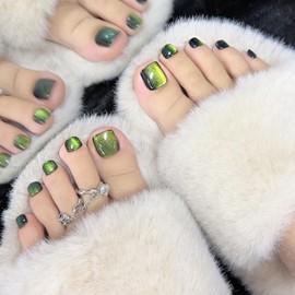Green Press on Toenails Short Square Fake Toe Nails Shiny Glitter False Toenails Jelly Gel Glue on Nails Bling Glitter Acrylic Toe Nails Glossy Stick on Nail for Women Girls 24 Pcs