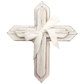 Christian Brands Stephan Baby Face to Face Designs 2-Tiered Hanging Wood Cross, 7.25 x 8.5-Inches, Distressed White