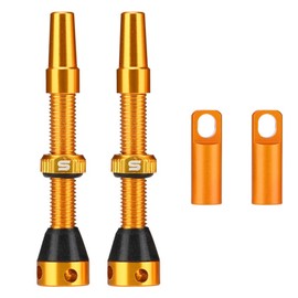 CYSKY Pack of 2 Presta Tubeless Valves 40 mm 44 mm with Valve Core Remover and Valve Stem Caps, Suitable for Most Tubeless Rims for Bicycles Pair (Gold, 44 mm)