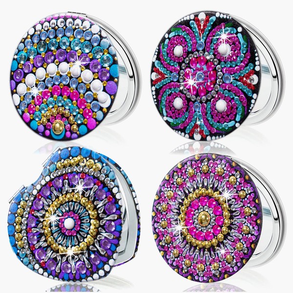 5D Diamond Art Painting Compact Mirror 4PC DIY Diamond Art Kits Magnifying Portable Travel Folding Pocket Mirror Crystal Art for Kids Crafts With Accessories Birthday Gifts for Women Girls Mandala