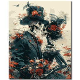 Adults Paint by Numbers Kits Romance Skull Paint by Number Wall Art Red Roses Butterflies and Floral Paint by Number Artwork Beautiful Skull Crafts Kits DIY Bedroom Wall Art 16x20 in (Frameless)