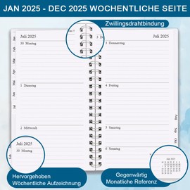 2025 Planner, A6 Weekly Planner with Monthly Tabs, Back Pocket, Elastic Closure, Flexible Cover, Double Wire Binding, Easy Organisation of Daily Life, Crickel, 10 x 17.5 cm, Blue