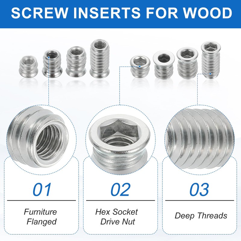 sourcing map 4Pcs Threaded Inserts Nuts, M4x10mm Hex Socket Drive