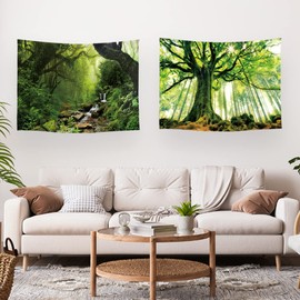 Ulticool Tapestry Decoration Home - Nature Trees Waterfall - Green - Set of 2 Designs - 73 cm x 95 cm - Wall Towel - Accessories for Bedroom Living Room Children's Room