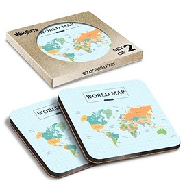 2 x Square Coasters - Colour World Atlas Map Cork Backed MDF Glossy Tea Coffee Accessory #52722