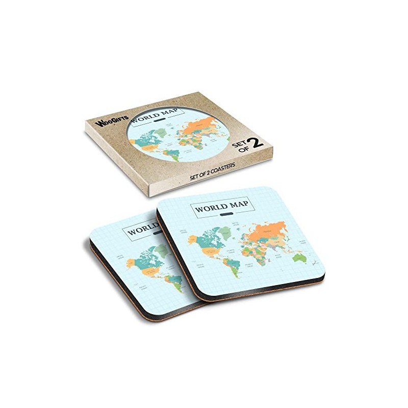 2 x Square Coasters - Colour World Atlas Map Cork