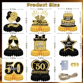 8 Pcs 50th Wedding Anniversary Table Decorations with 2 LED Black Gold Honeycomb Centerpieces for Women Men 50th Wedding Anniversary Table Toppers Honeycomb Decorations