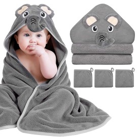 Flasoo 4 Pcs Baby Towels and Washcloths Set, 1 Pcs Animal Hooded Baby Towels & 3 Pcs Baby Washcloths for Newborns, Toddlers, and Kids, Soft Absorbent Hooded Bath Towel for Boys & Girls (Gray Elephant)