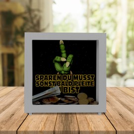 Sparen du musst sonst Bald pleite du bist frame money box made of wood with sci-fi motif funny money box with allusion to well-known science fiction franchise funny gift for
