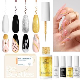 Beetles Gel Polish Nail Art Gel Liner Nail Polish Set, 2 Pcs Silver & Golden Pink Holo Reflective Glitter Gel Polish, Gel Art Paint for Swirl Shiny Nails Nail Art Brush French Gift - Color: Gold Silver Black White