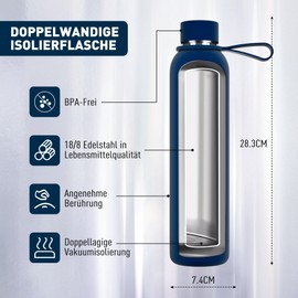 Exllena Stainless Steel Drinking Bottle 750 ml Keeps Drinks Cold for 24 Hours / Warm for 12 Hours Thermos Flask 750 ml 100% Leak-Proof Ideal for Office, School, Sports Hall etc. (Dark Blue)