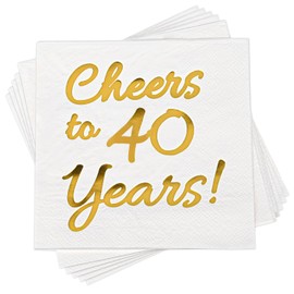 40th Birthday Napkins - 50PK - White and Gold, Disposable Cocktail Napkins for 40th Wedding Anniversary Decorations 5x5 Inch
