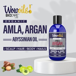 WowOils! Pure Amla, Argan, Abyssinian Hair Oil for Enhanced Growth, Hair Thickening, Comprehensive Care for Split Ends, Dry and Damaged Hair - Ultimate Frizz Control & Scalp Nourishment, 4.6 Oz