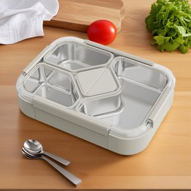 QIBONGS-Stainless Steel Tray Bento Lunch Box with Sauce Cup Drop-Proof, Leak-Proof 4 Compartments Container for Work, Travel, Dishwasher Safe, Made with Food-Safe Materials (Off-White)