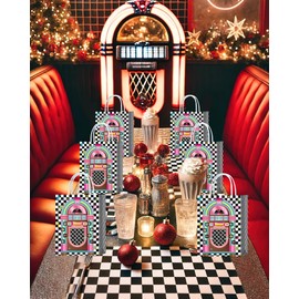 16 Pieces 50's Rock and Roll Goodie Bags for 50s Retro Rock and Roll Music Birthday Party Supplies,Disco Dance Gift Snacks Treat Candy Party Favors Bags with Handles for Kids Adults