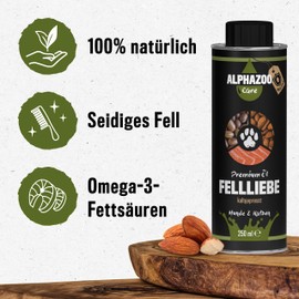 alphazoo Fellliebe Natur-Futteröl 250ml, Fellpflege für Hunde Katzen Pferde, Omega-3 Omega-6 Fellglanz, Natürlich gegen Juckreiz & Schuppen, mit Lachsöl, Mandelöl & Arganöl, Barf-Öl Mischung, Fischöl