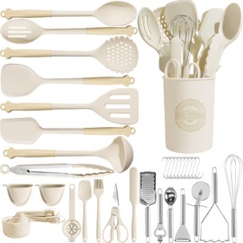 Kikcoin 43Pcs Large Kitchen Utensils Set - Silicone Cooking Utensils Set, Dishwasher Safe Spatula Set for Non-stick Cookware, 446°F Heat Resistant Kitchen Utensils Set with Holder BPA Free, Cream