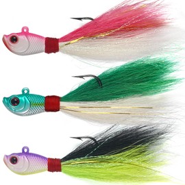Bucktail Jigs Saltwater Freshwater Lures Surf Fishing Lure Hook, Deer Hair Swimbait Jig Heads for Bass Flounder Striper Bluefish Halibut Redfish 1/4oz, 1/2oz, 1oz, 1.5oz, 2oz (1oz-3pcs)