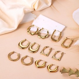 Flongo Women's Gold Chunky Earrings: Thick Geometric Stud Earrings Set, 6 Pairs, Heart, Triangle, Oval, Round, Rectangular, Twist Small Hoop, Chunky Folding Creoles, Stainless Steel, Gold-Plated,