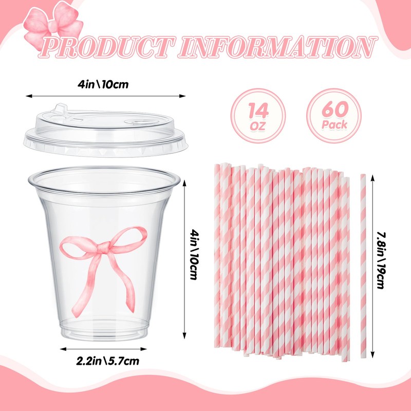 FoldTier 60 Set Plastic Cups Pink Bow Themed 14 oz
