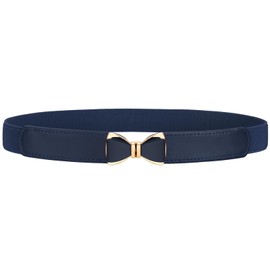 VONMELLI Elastic Skinny Belt for Women Dresses Fashion Stretch Thin Waist Belt Retro Ladies Belt with Bow Buckle Navy Blue Fit Waist Size 24" to 26"
