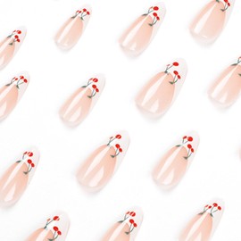 Valentines Press on Nails Almond Medium Fake Nails White French Glue on Nails Cherry Acrylic Nails Nude Translucent Valentine's Day Cute Nail Decorations for Women 24 Pcs