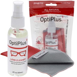 OptiPlus All-Natural Lens Cleaning Spray and Dual-Purpose Microfiber Cloth | Streak-Free Spray for Glasses, Laptops Screens, Smart Phones, Optical Lens, Goggles, and Watch Screen l Travel Size l 2oz