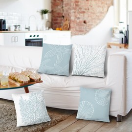 Supwhd Coastal Beach Pillow Covers 18x18 Set of 4 - Beachy Room Decor Aesthetic, Coastal Beach House Decor, Starfish Seashell Coral Coastal Beach Decorative Throw Pillow Covers (Double-sided)