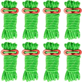 8PCS Reflective Tent Guy Ropes with Aluminium Tensioner, 4mm x 4m Heavy Duty Camping Rope for Tent and Tarp and Outdoor, High Visibility Paracord Guyline Green