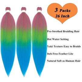 Colorful Pre Stretched Braiding Hair Ombre Pink Green Blue Prestressed Braiding Hair Synthetic Colored Hair Extensions for Braiding 26 Inch micro Hypoallergenic Ombre Braiding Hair 3 Pakcs