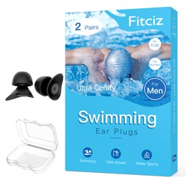 Fitciz Ear Plugs for Swimming, 2 Pairs (2 Sizes) Water Swim Ear Plugs with Case, Comfortable Waterproof Swimming Earplugs for Men, Women, Kids, Swimmers, Water Pool (Men’s Size)