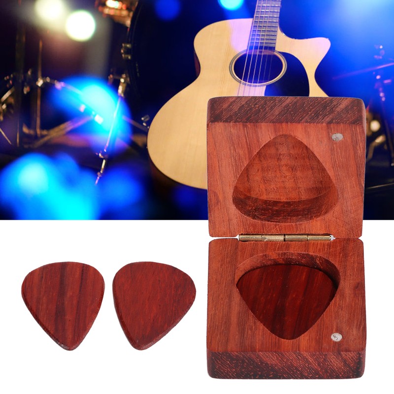 Guitar Pick Wooden Box with 2Pcs Red Rosewood Picks Musical