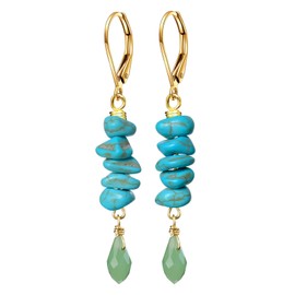 Natural Raw Irreguar Turquoise Stone Beads Waterdrop Green Dongling Jade Drop Earrings,Vertical Bar 14K Yellow Gold Plated Real Quartz Gemstone Crystal Dangle Earrings for Women (B06_Dongling Jade)