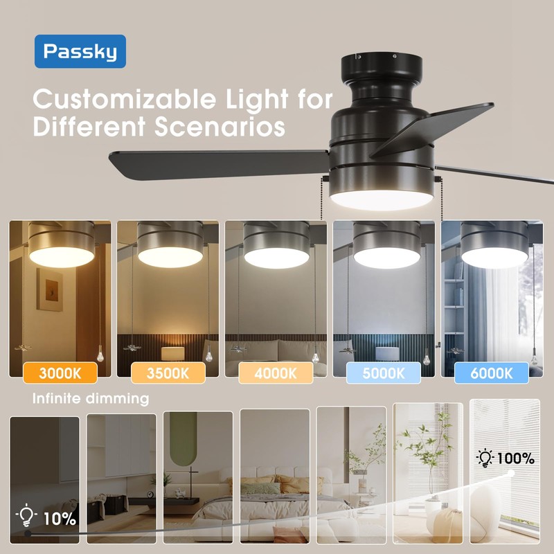 Passky Ceiling Fans with Lights, 42 inch Low Profile Ceiling