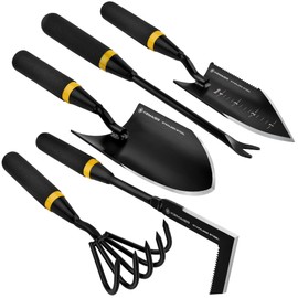 Kemaier Garden Tool Set - Featuring a Heavy-Duty Stainless Steel Hand Cultivator, Transplant Shovel, Trowel, Crack Weeder, and Dandelion Weeder - The Ultimate, Unbreakable Gardening Gift