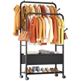 Furologee Clothing Racks for Hanging Clothes, Portable Rolling Garment Rack, Sturdy Metal Freestanding Clothes Rack with Wheels, Double Rods Wardrobe Racks for Bedroom Laundry Living Room