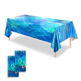OQOQ Ocean Wave Iridescent Tablecloth(2 Packs) - 137x274cm Reflective Blue Plastic Tablecloth Disposable Table Cover Supplies for Boys Birthday Beach Theme Pool Party Summer Party Decorations