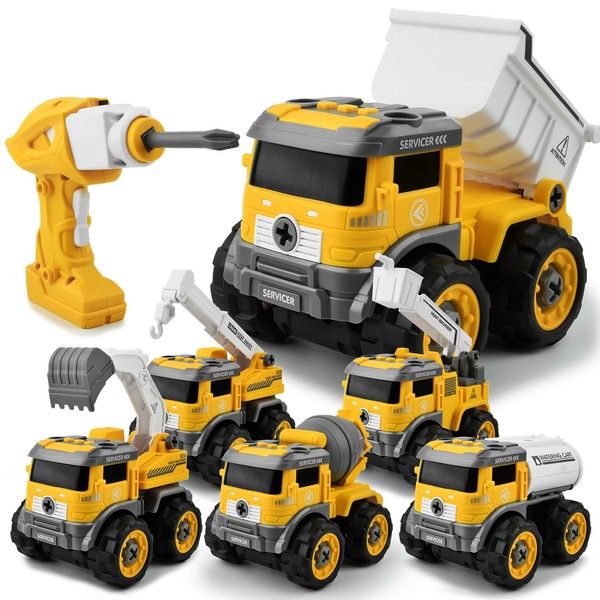 GizmoVine Digger Toy, 6-in-1 Remote-Controlled Assembly Construction Vehicle Cars, Sandpit Toy, DIY Toy Car with Drill, Light and Sounds for Boys & Girls 3 4 5 6 7 8