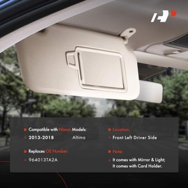 A-Premium Left Driver Side Sun Visor Compatible with Nissan Altima 2013 2014 2015 2016 2017 2018, with Mirror Light and Card Holder, Beige